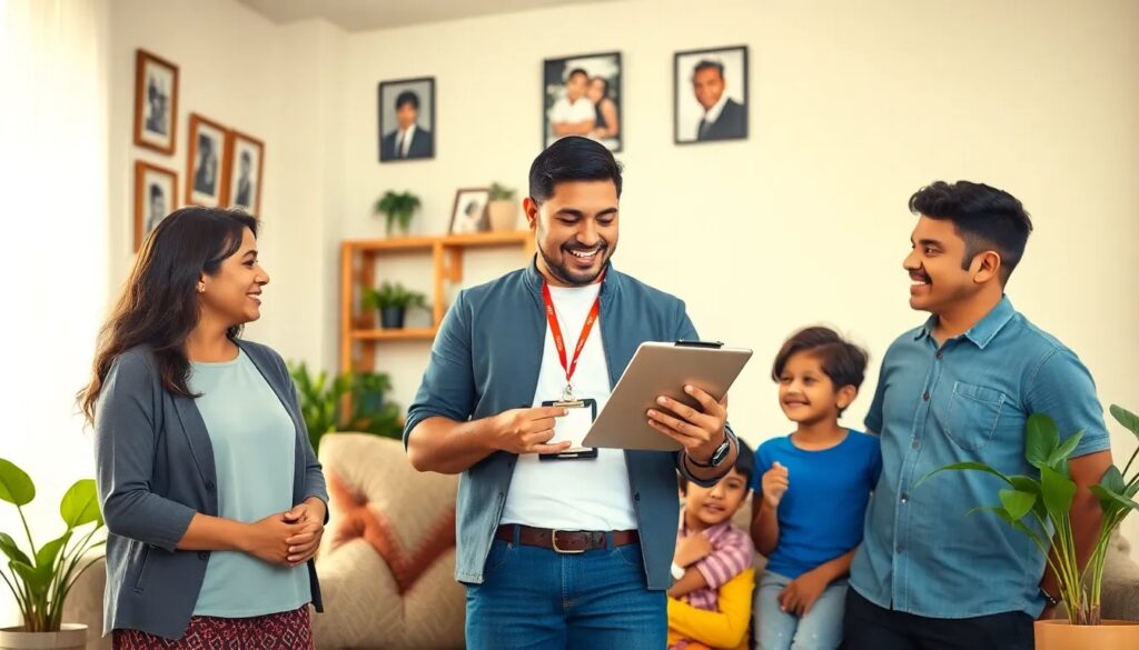 Familia hablando con empleado en sala de estar.