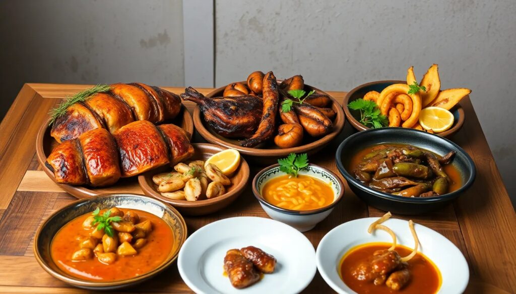 Platos variados de comida tradicional sobre mesa.