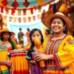 Personas sonrientes en mercado artesanal colorido.