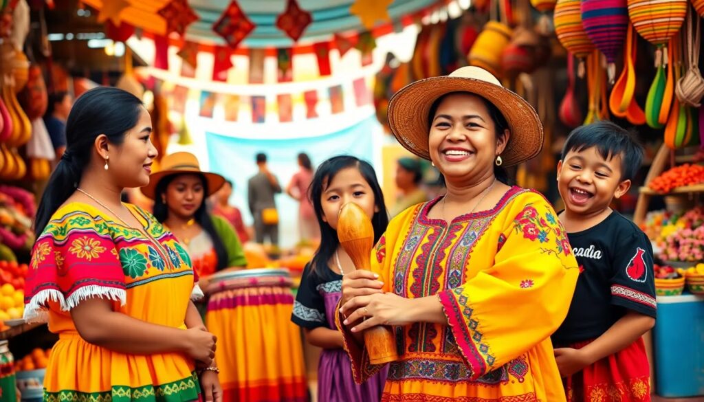 Personas sonrientes en mercado artesanal colorido.