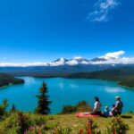 Familia disfrutando del paisaje montañoso junto a un lago