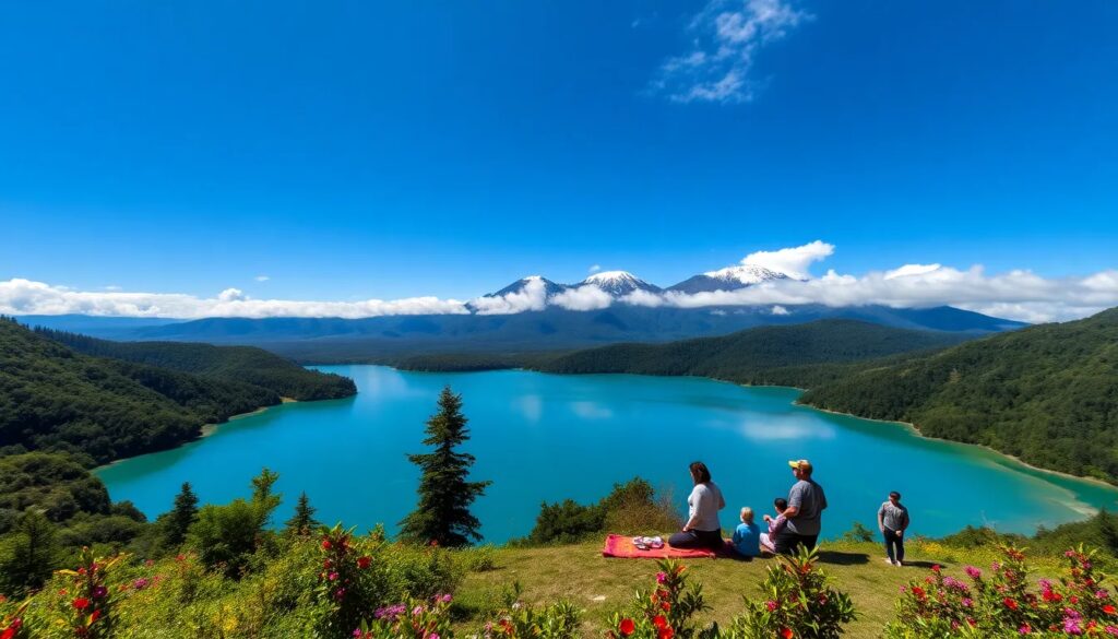 Familia disfrutando del paisaje montañoso junto a un lago