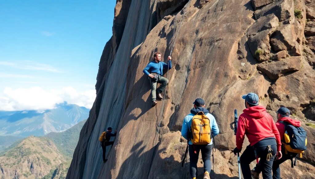 Escaladores subiendo una pared de roca al aire libre.
