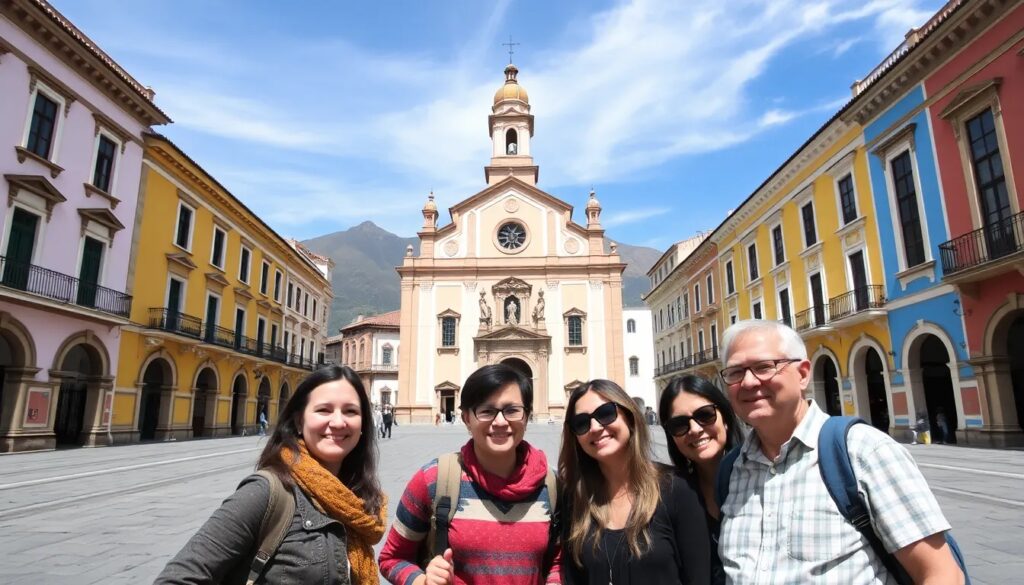 Grupo sonriente en plaza con iglesia colorida