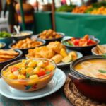 Platos de comida tradicional en un mercado.