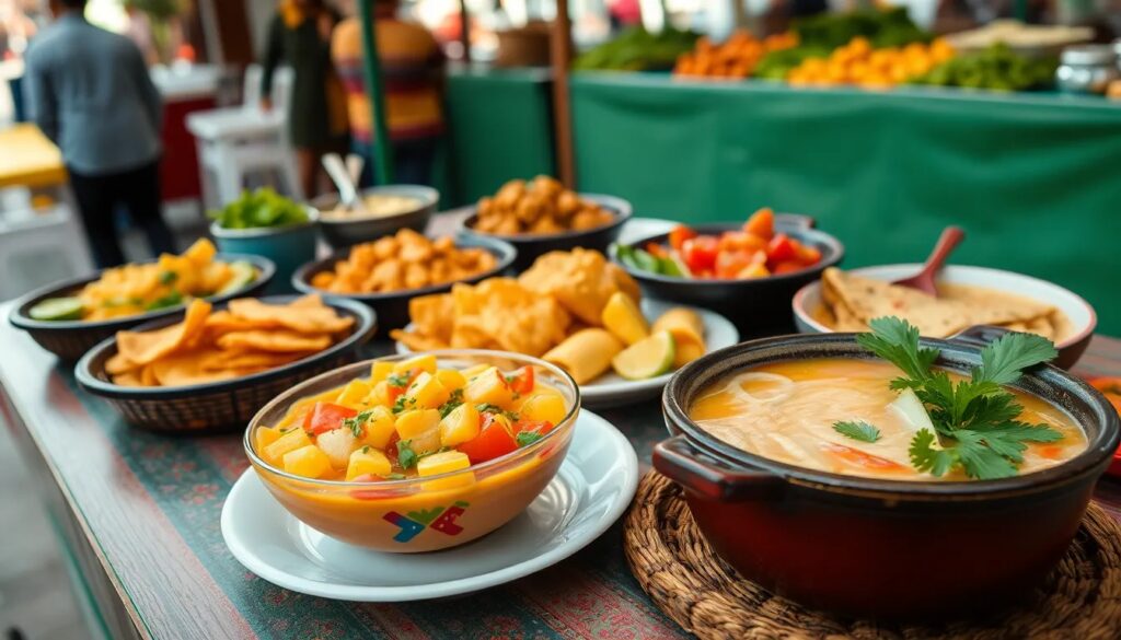 Platos de comida tradicional en un mercado.