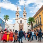 Gente reunida frente a iglesia y mural colorido