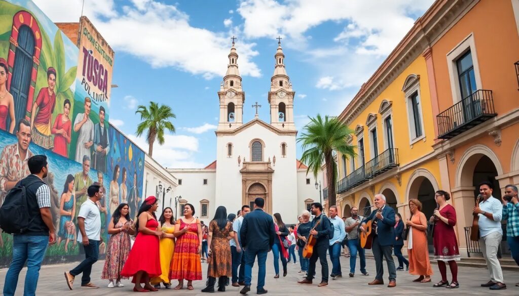 Gente reunida frente a iglesia y mural colorido
