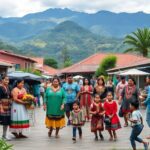 Grupo de personas en un pueblo montañoso.