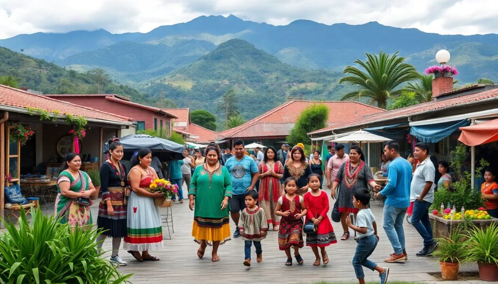 Grupo de personas en un pueblo montañoso.