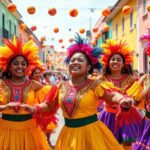 Bailarinas en coloridos trajes tradicionales en festividad callejera