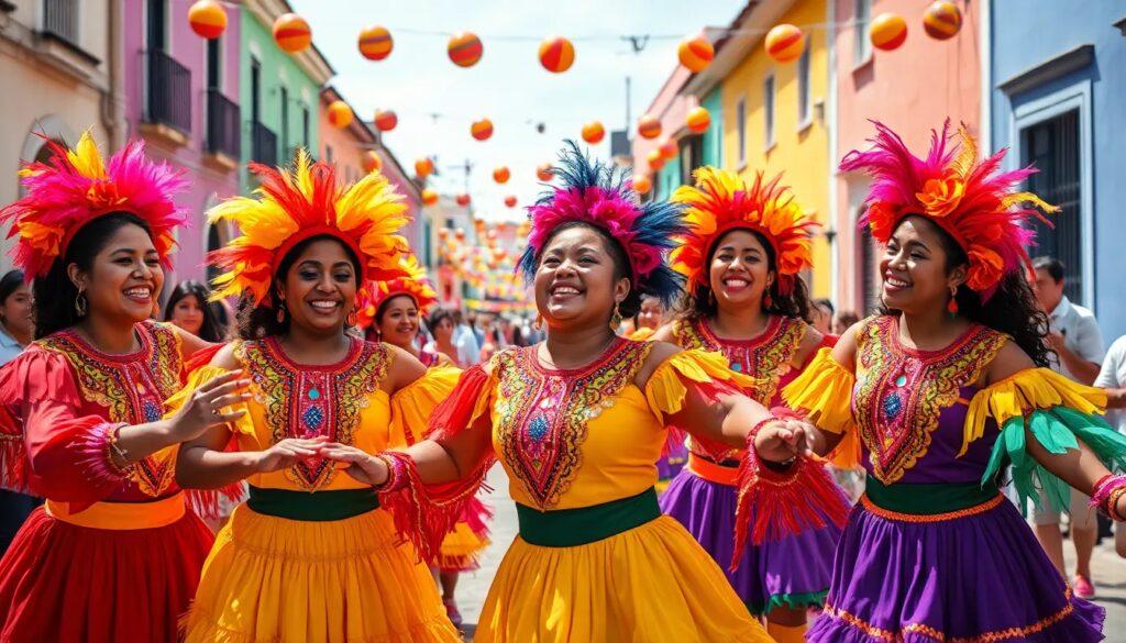 Bailarinas en coloridos trajes tradicionales en festividad callejera