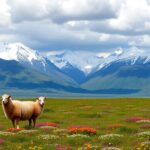Ovejas en prado florido frente a montañas nevadas.