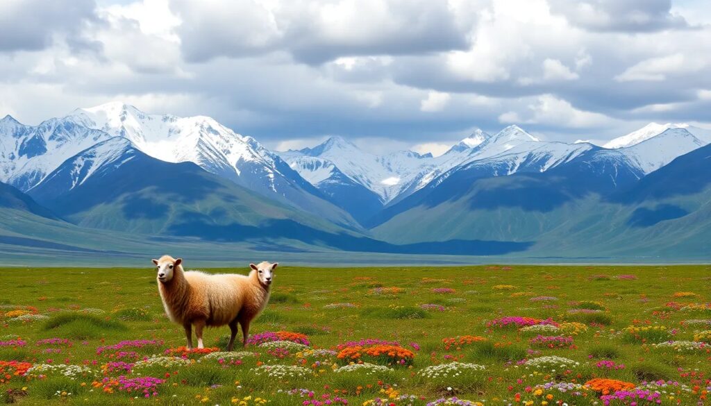 Ovejas en prado florido frente a montañas nevadas.