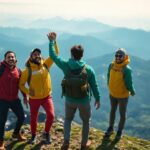 Cuatro amigos celebran en cima de una montaña.