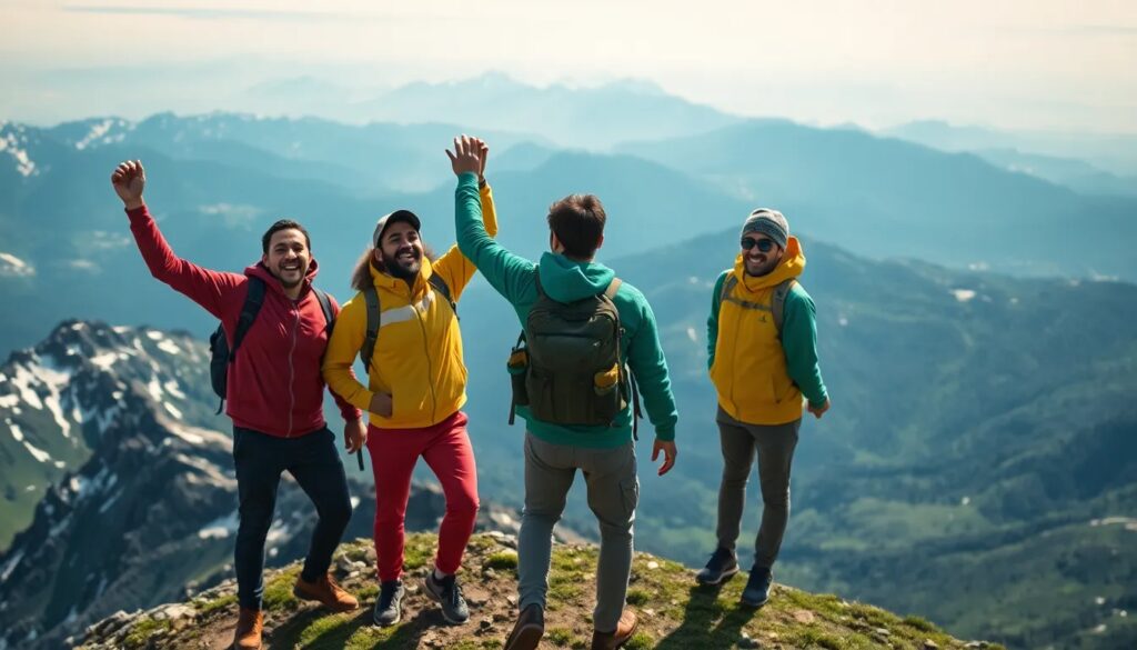 Cuatro amigos celebran en cima de una montaña.