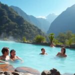 Personas disfrutando en piscina termal en montañas