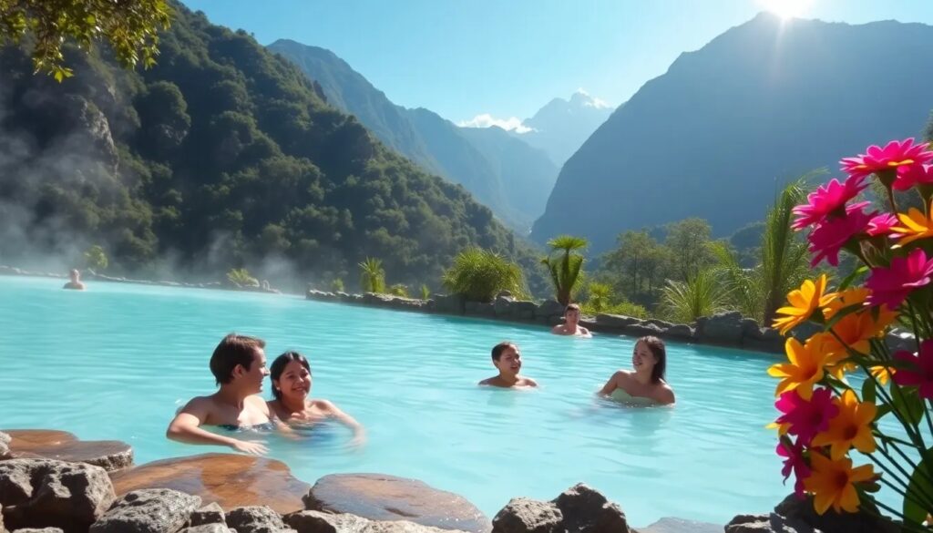 Personas disfrutando en piscina termal en montañas