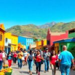 Calle colorida llena de personas paseando
