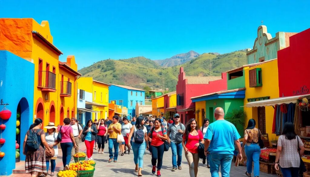 Calle colorida llena de personas paseando