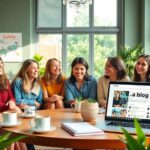 Reunión de mujeres con portátil en mesa