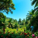 Personas explorando un exuberante jardín tropical con palmeras.