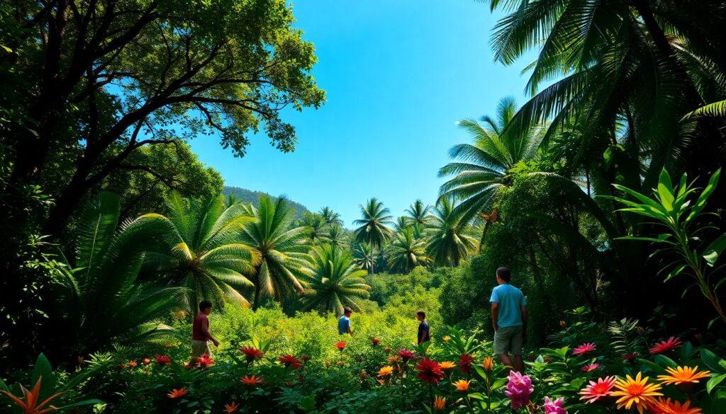 Personas explorando un exuberante jardín tropical con palmeras.