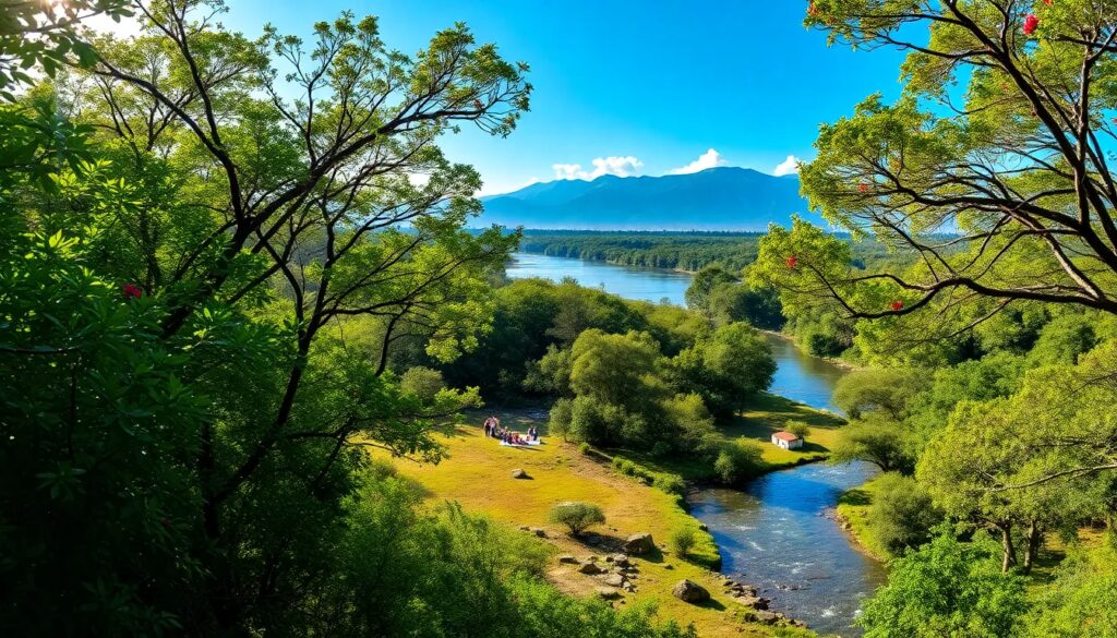 Paisaje verde con río y montañas al fondo.