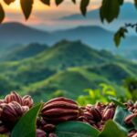 Vainas de cacao y paisaje montañoso al atardecer.