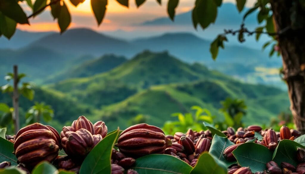 Vainas de cacao y paisaje montañoso al atardecer.