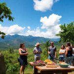 Grupo de personas en un jardín con frutas