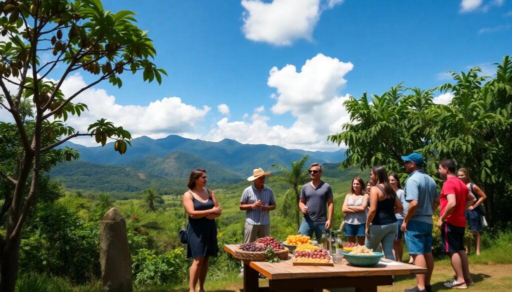 Grupo de personas en un jardín con frutas