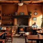 Personas en cafetería con chimenea y mesas de madera.