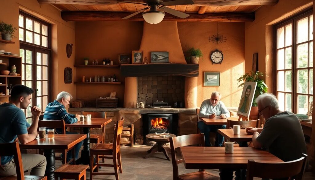 Personas en cafetería con chimenea y mesas de madera.