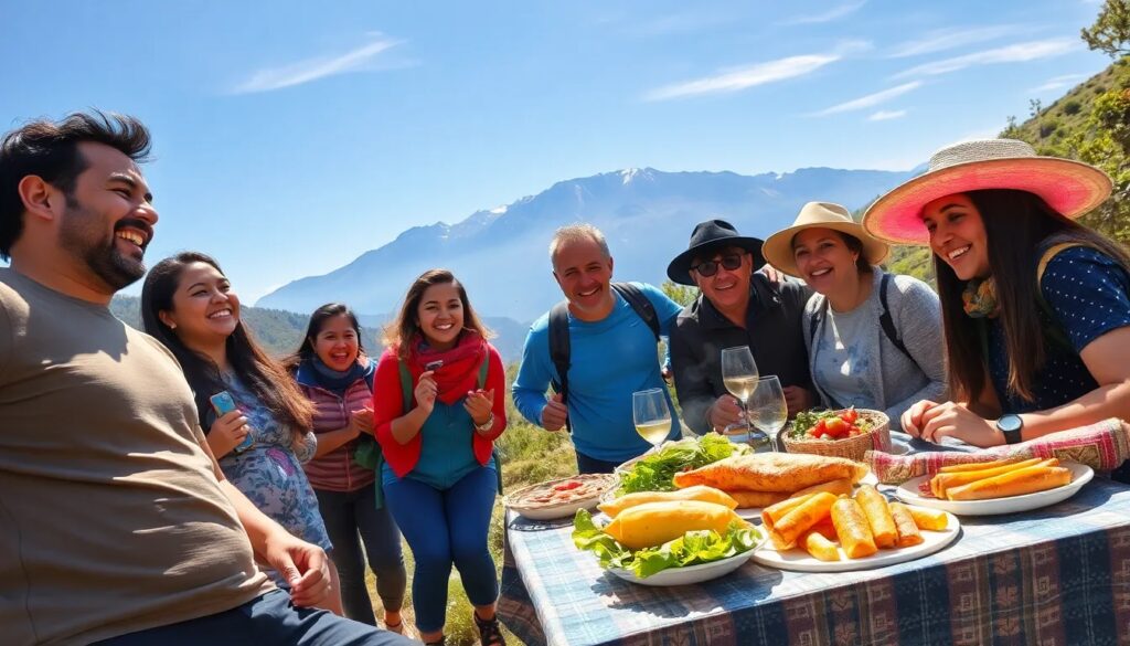 Grupo de personas disfrutando picnic en la montaña.