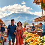Pareja sonriente en mercado al aire libre, frutas y montaña.