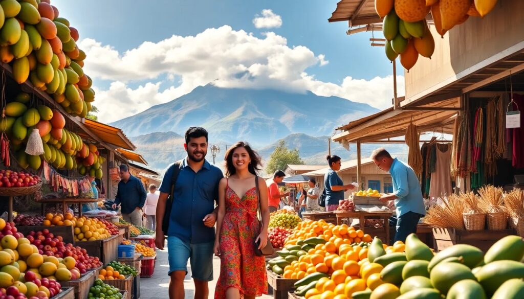 Pareja sonriente en mercado al aire libre, frutas y montaña.