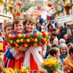 Niños en fiesta tradicional con coronas y flores