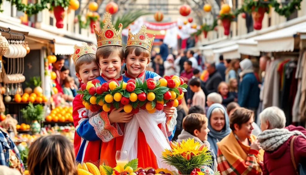 Niños en fiesta tradicional con coronas y flores