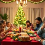 Familia cena navideña con árbol iluminado.