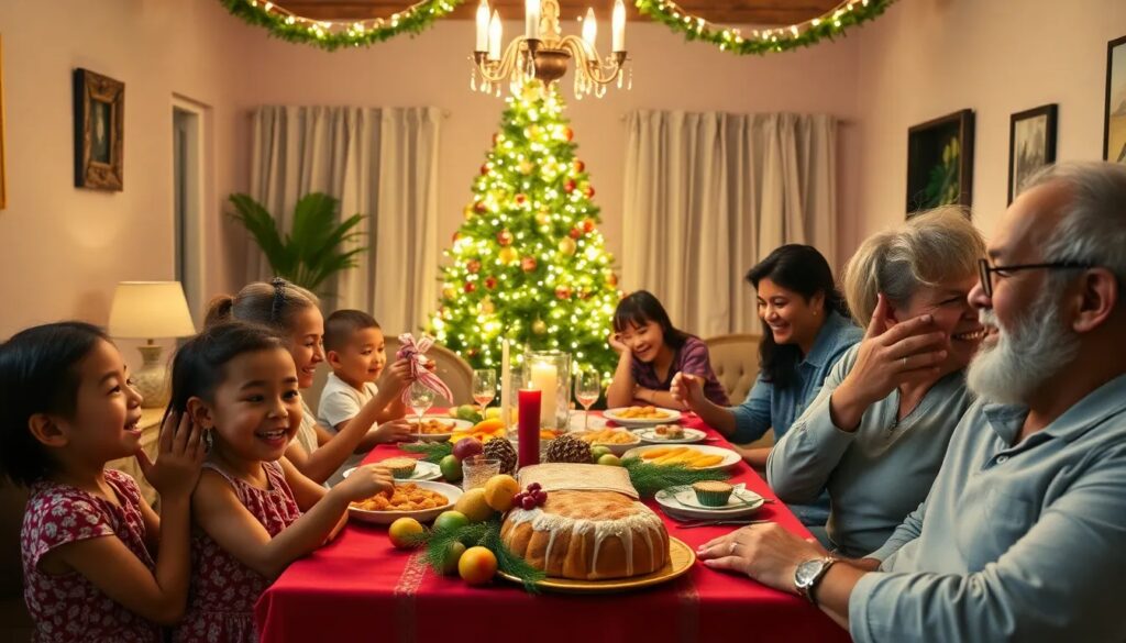 Familia cena navideña con árbol iluminado.