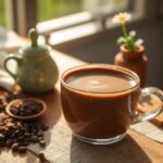 Taza de café en mesa con granos de café.