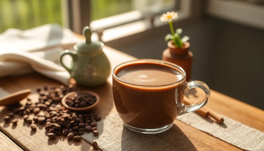 Taza de café en mesa con granos de café.