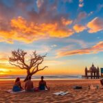 Personas en la playa al atardecer pintando y relajándose.