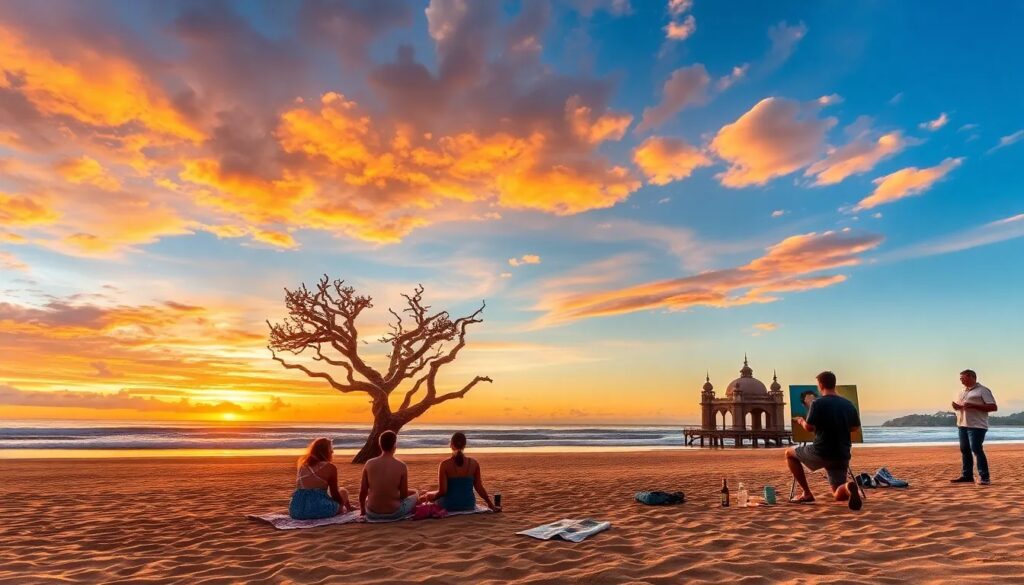 Personas en la playa al atardecer pintando y relajándose.