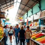 Mercado lleno de frutas y especias variadas.