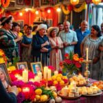 Celebración Día de los Muertos con altar y familia.