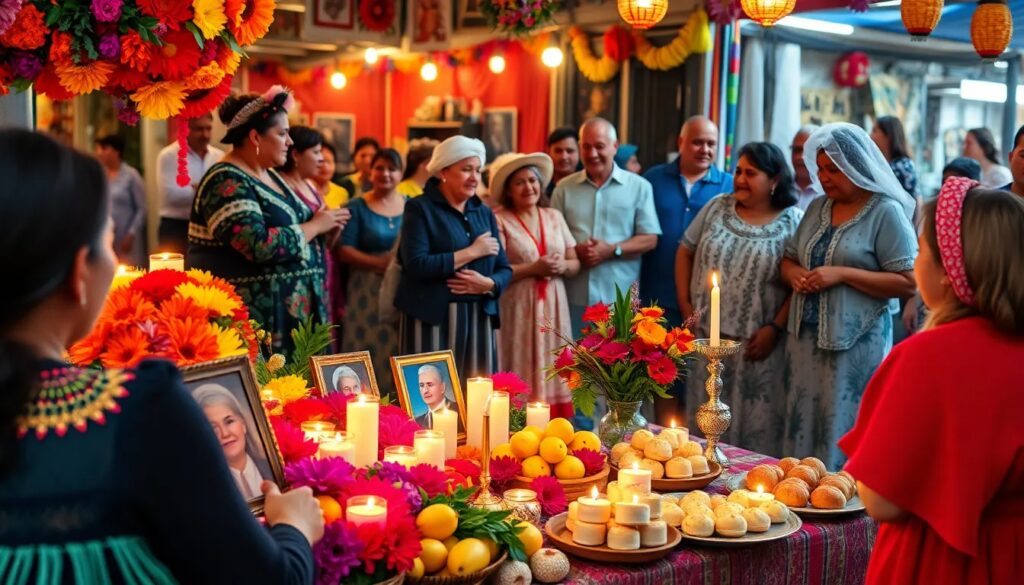 Celebración Día de los Muertos con altar y familia.