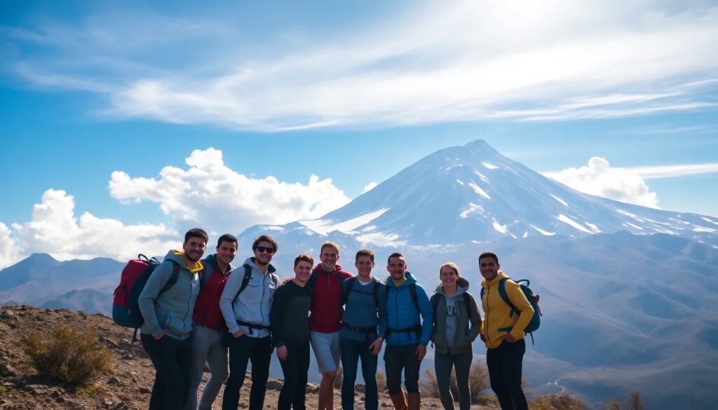 Grupo de senderistas frente a montaña nevada