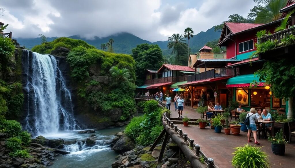 Cascada junto a un pueblo pintoresco y montañoso